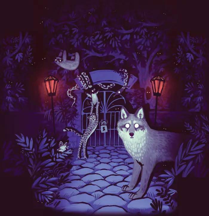 Night at the Zoo: animals gather at the locked zoo gate at night